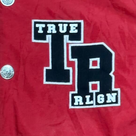 Vintage Y2K True Religion Varsity Bomber Jacket Mens Red Black Embroidered Sz L - Picture 5 of 13